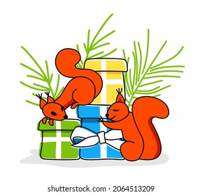Squirrels rejoice and look at New Year's gifts. Stylized vector illustration on the New Year theme.