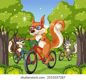 Ardillas montando bicicletas a través de un exuberante bosque verde