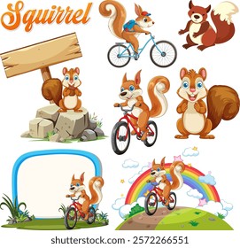 Squirrels riding bikes with colorful backgrounds