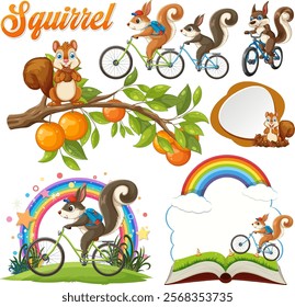 Squirrels riding bikes with rainbows and oranges