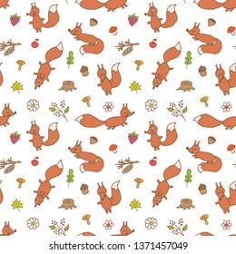Squirrels seamless vector pattern. Hand drawn squirrels, leaves, mushrooms, fruits seamless pattern for background, textile, fabric, wrapping paper
