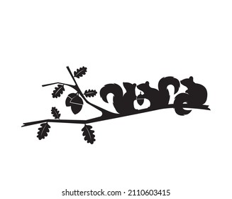 Squirrels silhouettes on branch vector. Three squirrels silhouettes, wall decals. Art decoration, wall decor. Squirrels silhouettes on branch isolated on white background, illustration