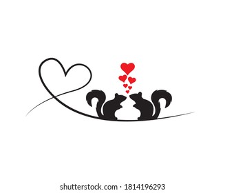 Siluetas de ardillas en alambre en el amor, vector. Ardillas en pareja enamoradas de la ilustración del corazón rojo. Caricatura aislada en fondo blanco. Decretos de pared, obras de arte, arte mural, diseño de afiches divertidos