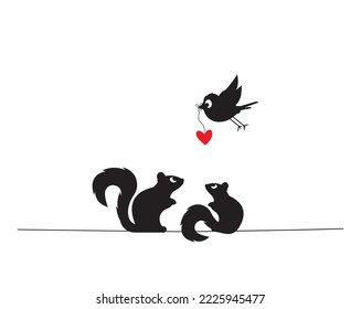 Squirrels silhouettes on wire and lying bird with red heart, vector. Wall Decals, Squirrel silhouette, illustration. Minimalist poster design, banner design. Wall Decals isolated on white background