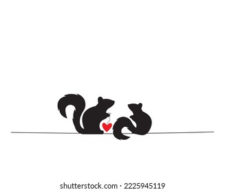 Squirrels silhouettes on wire with red heart, vector. Wall Decals, Squirrel silhouette, illustration. Minimalist poster design, banner design. Wall Art Decor, Wall Decals isolated on white background