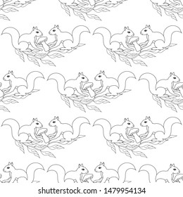 Squirrels sitting on a branch hold a boletus mushroom. Zenart. Pattern.