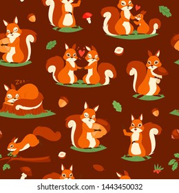 Squirrels surrounded with autumn leaves, acorns, nuts and mushrooms seamless pattern vector illustration. Hello autumn. Mother with child cartoon animal characters, lovely couple.