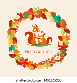 Squirrels surrounded with autumn leaves, branches, acorns, nuts and mushrooms banner vector illustration. Hello autumn. Maple, chestnut and oak foliage. Mother with child characters.