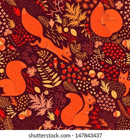 Squirrels in the woods. Seamless pattern with cute squirrels in a cartoon style. Vector illustration.