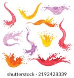 Squirts splashes. Colourful flowing spattering. Splattered pure juice or liquid. Drops various forms of waves. Cartoon illustration with color water splashes