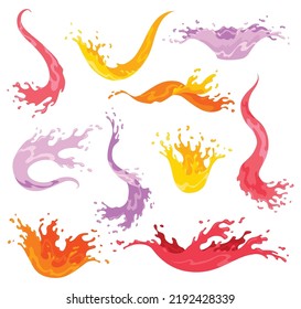 Squirts splashes. Colourful flowing spattering. Splattered pure juice or liquid. Drops various forms of waves. Cartoon illustration with color water splashes