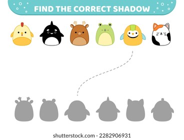 Squishmallow animals. Find the correct shadow. Shadow matching game. Kawaii, cartoon. Isolated vector illustration eps 10