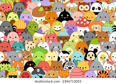 Squishmallow on very big pattern. More squishmallow. Kawaii, cartoon. Isolated vector illustration eps 10