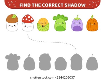 Verduras calamitosas. Encuentra la sombra correcta. Juego de correspondencias en la sombra. Plano, caricatura. Ilustración vectorial aislada eps 10