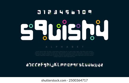 Squishy creative modern geometric urban alphabet font. Digital abstract futuristic, game, techno, robot, music, logo, sport, minimal technology typography. Simple numeric vector illustration