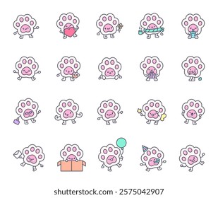 Squishy taba paw set of adorable kawaii cartoon animal characters showing emotions, playful actions, and creative themes with unique poses, gifts, and magical elements