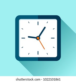 Squre Clock icon in flat style, square timer on blue background. Business watch. Vector design element for you project
