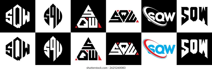 Design de logotipo de letra SQW em estilo seis. Polígono SQW, círculo, triângulo, hexágono, estilo simples e plano com logotipo de letra de variação de cor preto e branco definido em uma prancheta. Logotipo minimalista e clássico do SQW