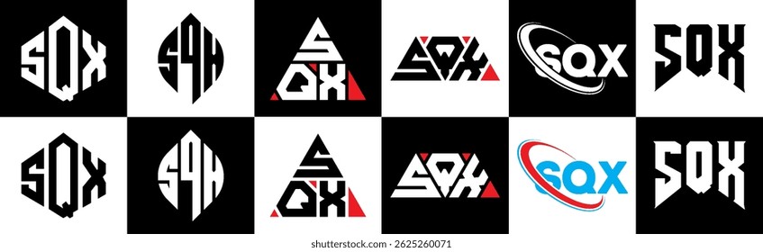 SQX letter logo design in six style. SQX polygon, circle, triangle, hexagon, flat and simple style with black and white color variation letter logo set in one artboard. SQX minimalist and classic logo