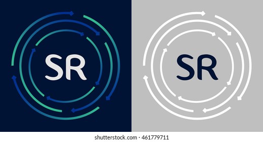 SR design template elements in abstract background logo, design identity in circle, letters business logo icon, blue/green alphabet letters, simplicity graphics