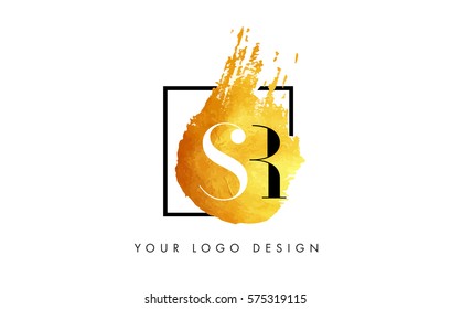SR Gold Letter Brush Logo. Golden Painted Watercolor Background with Square Frame Vector Illustration.