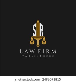 SR initial monogram for lawfirm logo with sword and scale