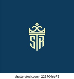 SR initial monogram shield logo design for crown vector image