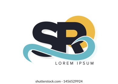 SR letter logo with ocean waves and sunset. Beach concept design