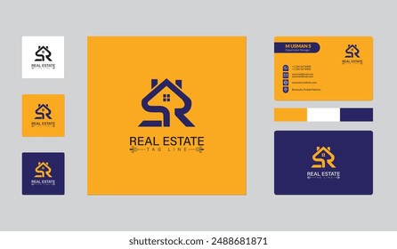 Logotipo de la letra de SR para la propiedad inmobiliaria, diseño del logotipo y de la tarjeta de visita para la compañía inmobiliaria