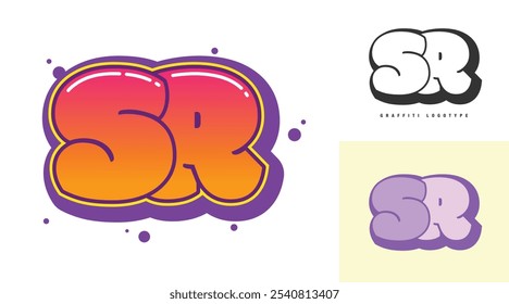 Design de logotipo SR para festival ou festa. Letra inicial s e r em estilo grafite. Creative moderno lettering nome da empresa de tipografia de fonte. Logotipo ou identidade da moda infantil. Ilustração vetorial.