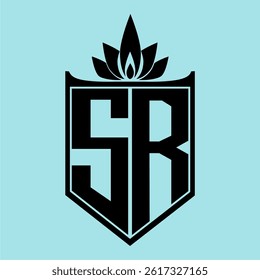 SR Logo featuring a minimalist design with a crown-like flower symbol on top, bold black elements, and a soft blue background, perfect for branding and modern visual identity.