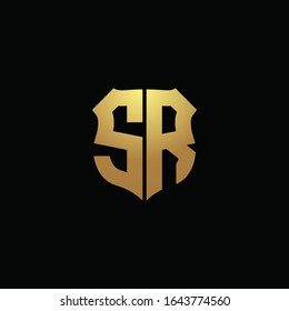 Monograma del logotipo SR con colores dorados y plantilla de diseño de forma de escudo