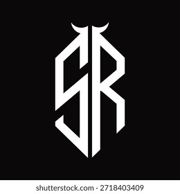 Monograma do logotipo SR com forma de chifre isolado modelo de design preto e branco sobre fundo preto