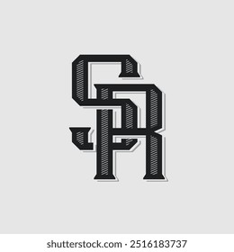 O logotipo do monograma preto SR ou RS é em um estilo clássico, apresentando letras elegantes interligadas, com curvas afiadas e proporções equilibradas, evocando uma vintage e sensação detalhada. 