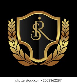 sr rs letter logo with shield wreath on black