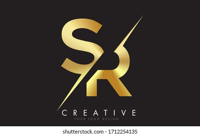 SR S R Golden Letter Logo Design with a Creative Cut. Creative logo design with Black Background.