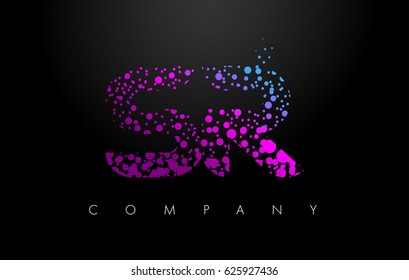 SR S R Letter Logo with Purple Blue Particles and Bubble Dots Design Vector.