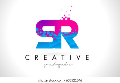 SR S R Letter Logo with Broken Shattered Blue Pink Triangles Texture Design Vector Illustration.