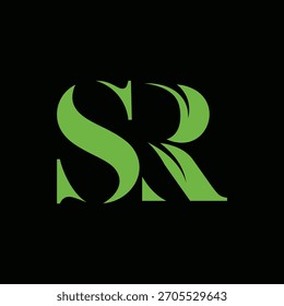 SR serif font logo design, green leaves graphic vector template