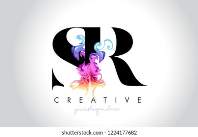 SR Vibrant Creative Leter Logo Design with Colorful Smoke Ink Flowing Vector Illustration.
