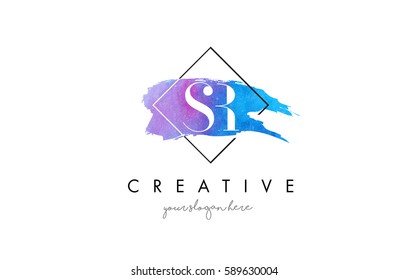 SR Watercolor Letter Brush Logo. Artistic Purple Stroke with Square Design.