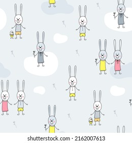SRabbits. Funny vector pattern. Stylized rabbits boys and girls with flowers on a blue background.