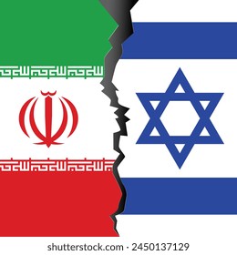 srael vs Iran concept flags on a wall with a crack. Iran and Israel political conflict, economy, war crisis, relationship, trade concept