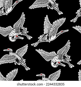 Sramless pattern with graphic white cranes. Vector