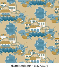 Sramless pattern of typical Mediterranean beach town view with Mediterranean houses, sea, bay 