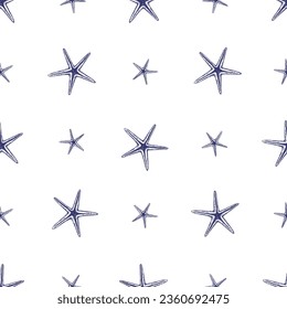 Srarfish seamless Pattern. Hand drawn vector illustration of marine Star Fish ornament on white isolated background. Line art drawing of Sea Shells texture for wrapping paper or textile design.