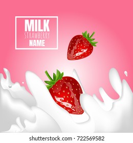  Srawberry with milk splash. 3d realistic vector design. Pink background.