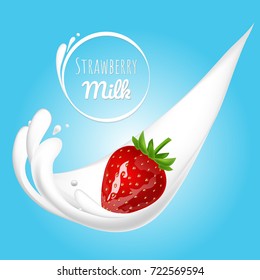  Srawberry with milk splash. 3d realistic vector design. Blue background.
