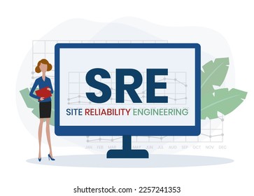 SRE - Acrónimo de Ingeniería en Fiabilidad del Sitio. fondo de concepto de negocio. concepto de ilustración vectorial con palabras clave e iconos. ilustración con iconos para banner web, volante, página de inicio