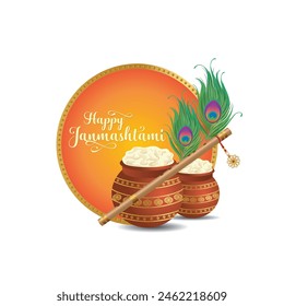 Sree Krishna Janmashtami logo icon with Butter pot, peacock feather, flute and lettering - Happy Janmasthami. Celebration of the birth of Lord Krishna.